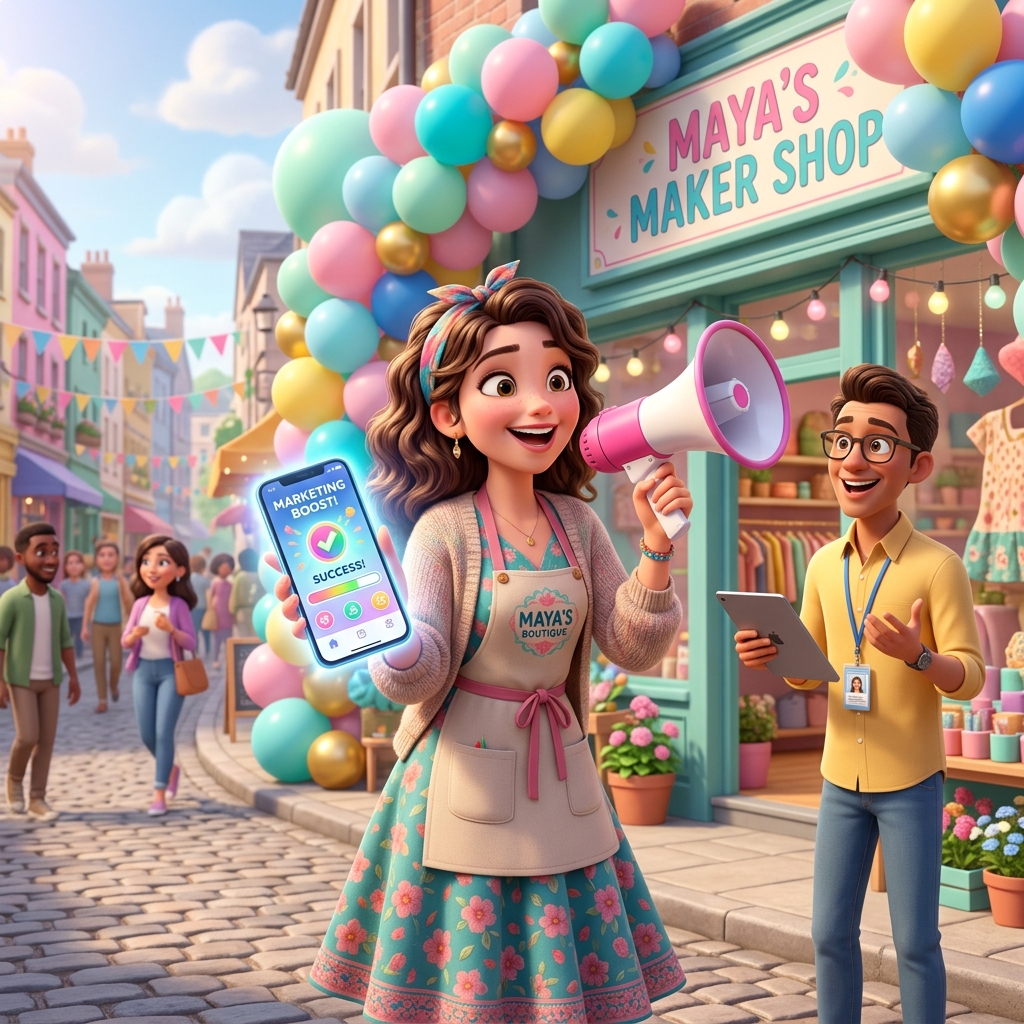 Happy shop owner getting marketing help